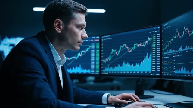 A broker analyzes financial data on a computer, tracking stock market growth and crypto investments. Perfect for business and finance concepts.