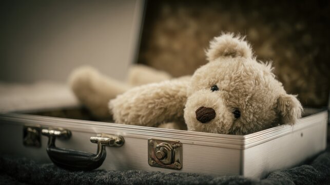 Soft plush toy nestled inside a silver suitcase. Focus on the bear's features