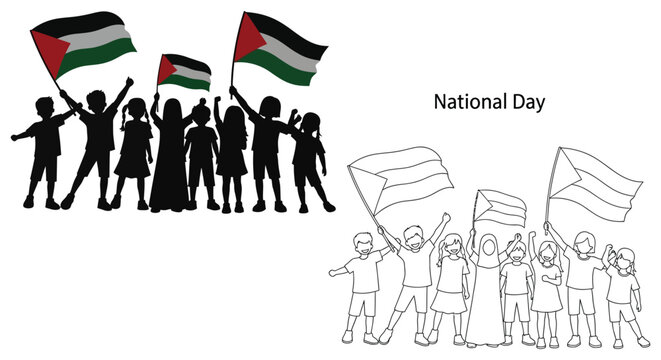Celebrating Palestinian national day with waving flags a striking silhouette