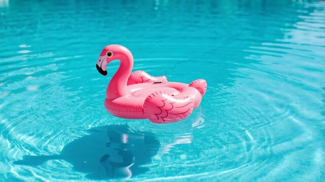 Pink inflatable flamingo floating on clear blue water in sunny swimming pool summer fun