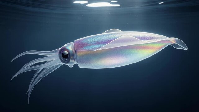 Close up of iridescent transparent squid underwater with glowing light reflections in ocean