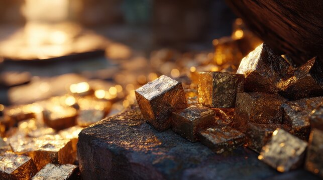 Close up on cubic pyrite mineral clusters catching golden sunlight with rough stone textures in the background abstract macro photography
