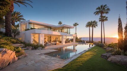 Fototapeta premium Sunny California luxury home with clean lines and outdoor living spaces