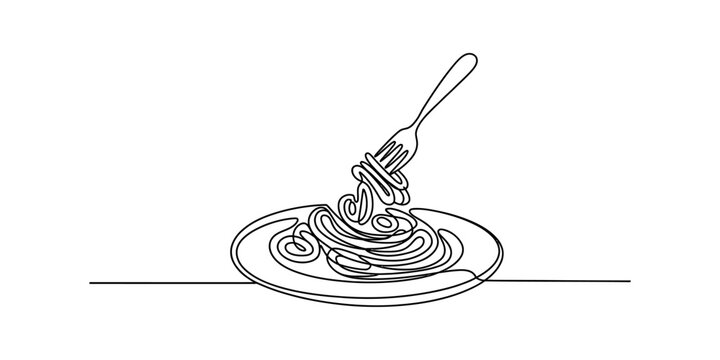 A single continuous line drawing of a fork twirling delicious spaghetti noodles on a white plate Vector, illustration