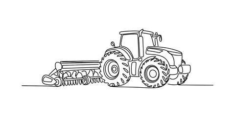 A simple continuous line drawing of a farm tractor pulling a mechanical seeder for agriculture. Vector, illustration © Shreemoti
