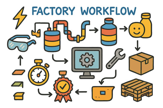 Factory Workflow Doodle. Factory workflow. Colorful Hand-drawn doodle Children illustration Factory workflow flowchart, energy bolts, pipes, tanks, quality