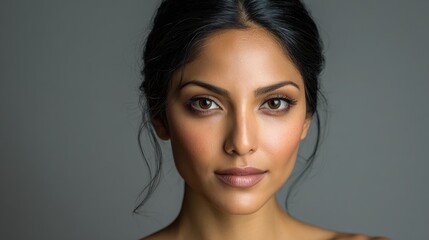 Naklejka premium Studio headshot of a beautiful brunette Asian Indian woman with soft lighting and a confident expression