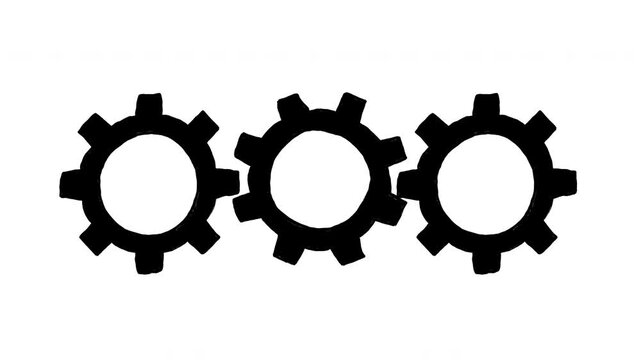 2D animated loop showing three black, grimy textured silhouetted gears rotating in line on clean white background. Hand stamped style mechanical cogwheel sequence represents raw industrial work, craft
