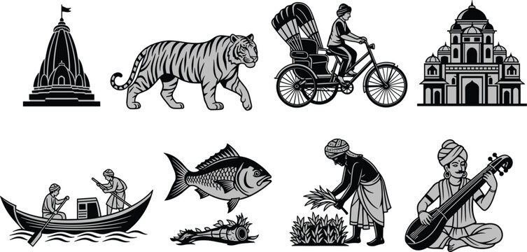 Indian culture icons collection with temple Taj Mahal tiger rickshaw boat fish farmer sitar architecture wildlife tradition lifestyle vector illustration design