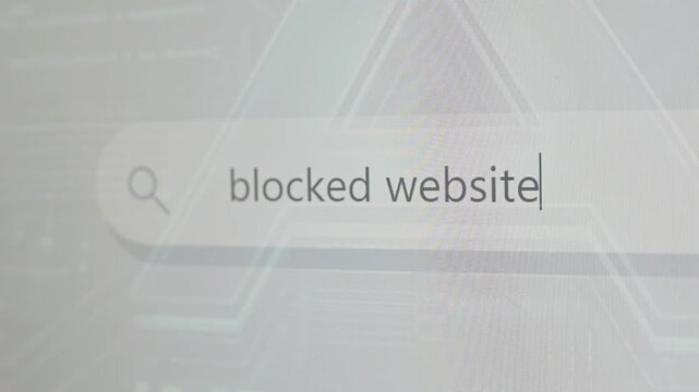 A search query is typed into a search bar to find blocked websites. The action highlights concerns about online accessibility and digital content limitations