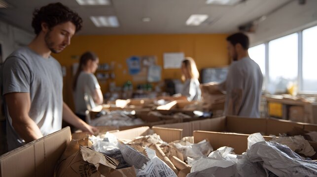 Group of people working together in a brightly lit room sorting through large boxes of crumpled paper for recycling
