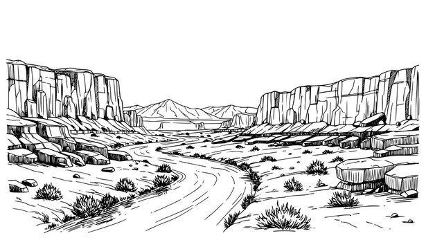 Desert river winding landscape sketch vector in black and white with cliffs mountains and flowing river in hand drawn style