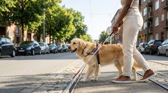 Guide Dog Leading Person With Visual Impairment Across City Street. Guide Dog Walking On Street, Female Holding Harness And Cane. Independence, Accessibility, Support, Urban Mobility