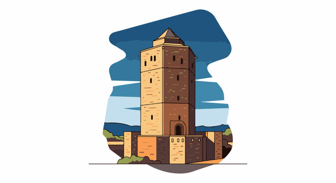 Stylized illustration of a tall, ancient, stone watchtower with a pointed roof