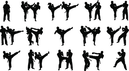 Collection of karate martial arts silhouettes, fighter poses, kickboxing combat icons, taekwondo sparring athletes for sports design, fitness training, and competition © Sreemoti