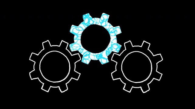 2D animated loop on black background showing three gears. Outer gears are white outlines, while central gear is white with unique light blue circular scribble pattern. All gears rotate in sync, creati