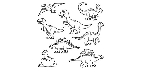 A collection of various prehistoric dinosaur species for children to color in a black and white Vector, illustration © Bobita