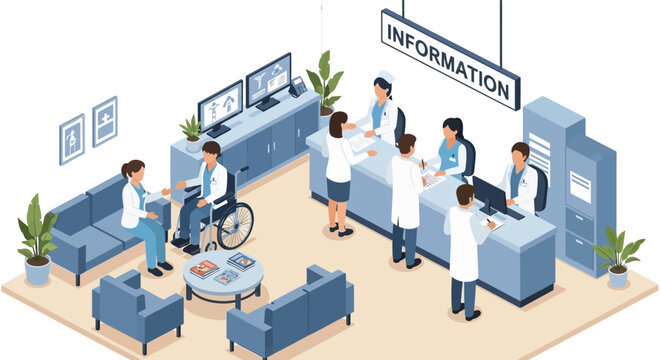 Hospital Information Desk with Medical Staff and Patients.