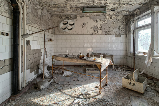 View of an abandoned hospital room with peeling paint, a medical lamp, and an old examination table covered in debris Pryp'yat', Kyiv Oblast, Ukraine.