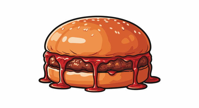 Juicy double burger with dripping red sauce and sesame seed bun