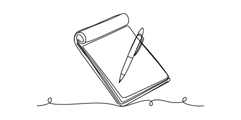 A single continuous line drawing of a spiral notepad and a ballpoint pen on a white background. Vector, illustration © Bobita