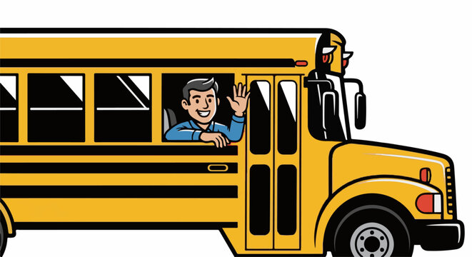 Smiling driver waves from yellow school bus window