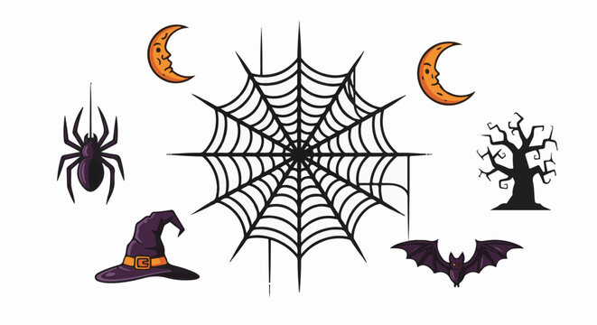 Spooky Halloween icons spider, web, hat, moon, tree, bat
