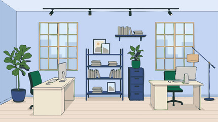 Modern home office interior with two workstations, computers, and bookshelves © Artify