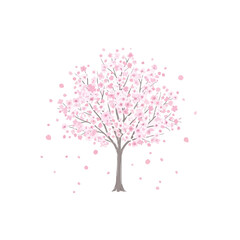 Fototapeta premium A blooming tree with pink flowers and falling petals stands alone