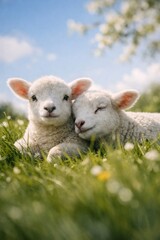 Fototapeta premium Adorable lambs resting peacefully together.