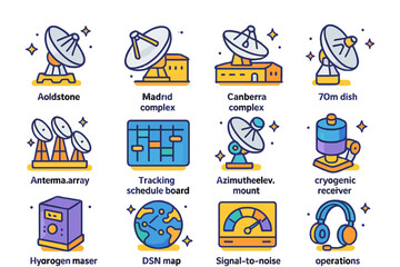 Fototapeta premium Deep Space Icons. Deep Space Network. Colorful isometric vector icons set of Deep Space Network: Goldstone antenna, Madrid complex, Canberra complex, 70m dish,