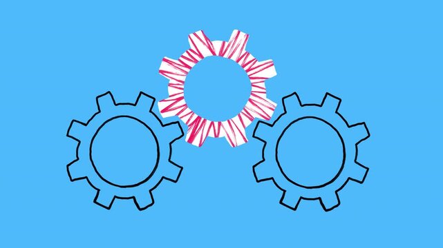 Energetic 2D animated loop on bright blue background. It shows three gears: outer ones are black outlines and the central gear is white with vibrant red zig-zag scribble pattern. Contrasting rotation 