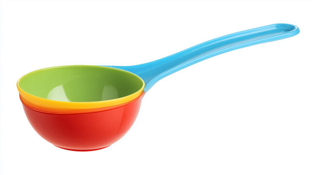 Colorful plastic dipper with long handle, household clean water scoop, isolated on clean white background.