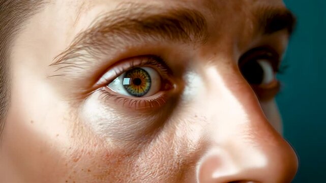 Extreme close up of young man green eye with detailed iris skin pores freckles eyebrow and nose against blue background