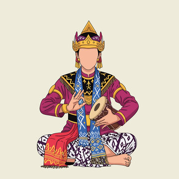 Illustration of a traditional Indonesian musician playing a kendang drum while sitting cross-legged in ceremonial attire.