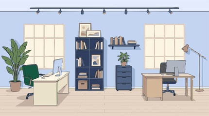 Modern office interior with two desks, computers, and bookshelves © Artify