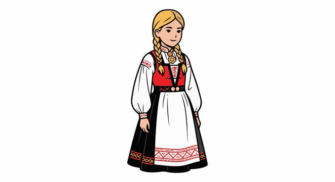 Blonde braids woman in traditional folk costume, smiling