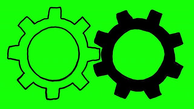 2D animated loop on green background, showing two gears side-by-side. Left gear is black outline and the right gear is black silhouette, both in grimy raw style. Comparison piece is designed for video