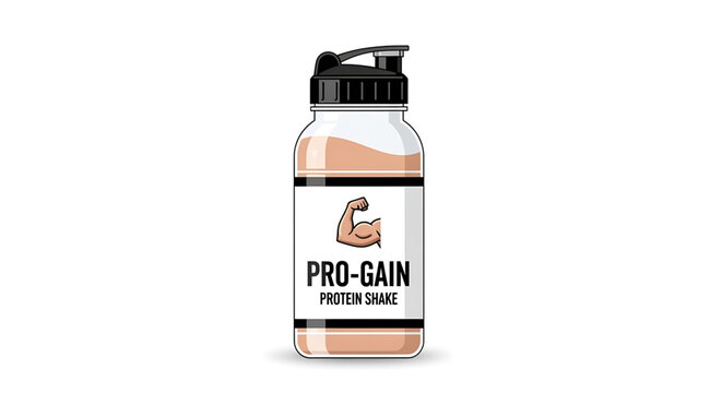 A vector graphic illustration of a protein shake bottle with a black lid and label