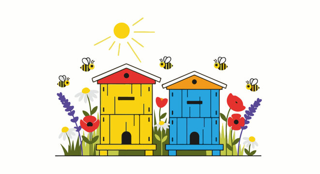 Colorful beehives and buzzing bees in a vibrant summer garden scene