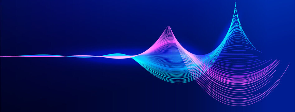 AI Data Line Network Technology Background, Music Sound Wave, Abstract Stream Energy Flow. Dynamic Neural Biotech Science Backdrop. Futuristic Digital Intelligence Effect Concept. Vector Illustration