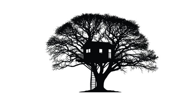 A detailed treehouse nestled within a large tree presented as a silhouette