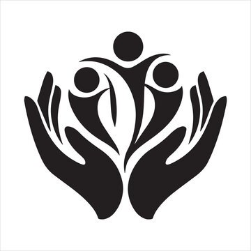 Human Care and Community Support Symbol &ndash; Abstract Hands Holding People Icon Representing Protection, Unity, Charity, Social Care, and Family Support in Minimal Black Silhouette Design