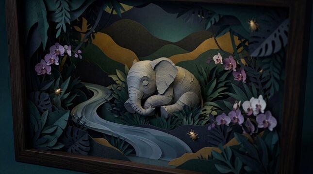 Paper Cutout Illustration of a Sleeping Elephant in a Lush Jungle Setting