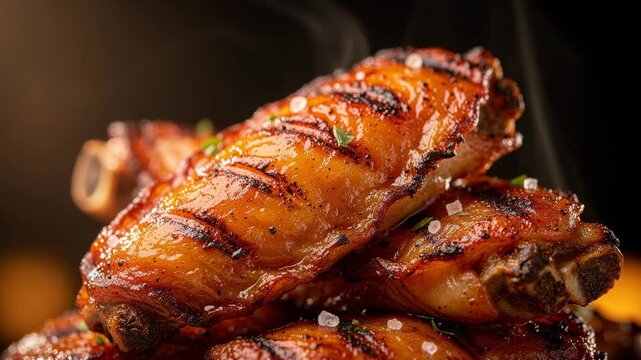 Delicious grilled pork ribs with seasoning and herbs close up on dark background