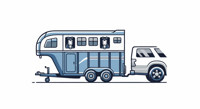 Horse trailer towed by a white vehicle with horses peeking out