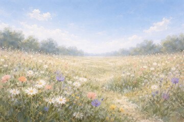 Obraz premium Serene meadow with blooming flowers.