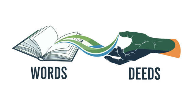 Open book with flowing lines connecting to a hand, representing words becoming actions