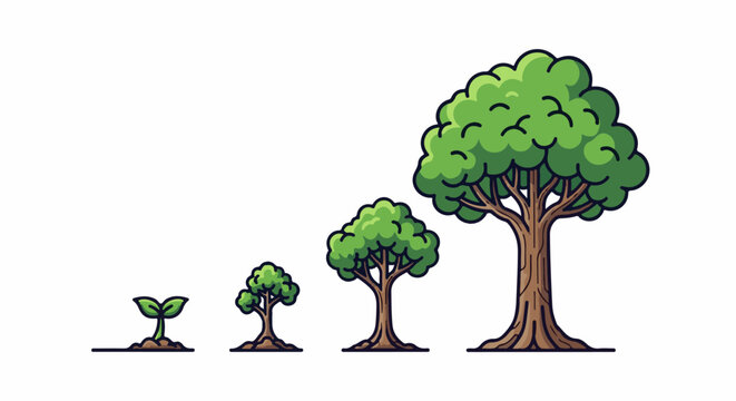 Four pixelated trees shown in progressive stages of growth from sprout to mature