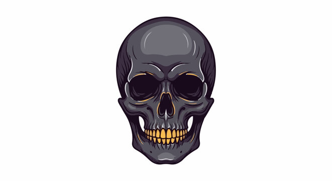 Dark, detailed skull illustration with hollow eyes and yellow teeth